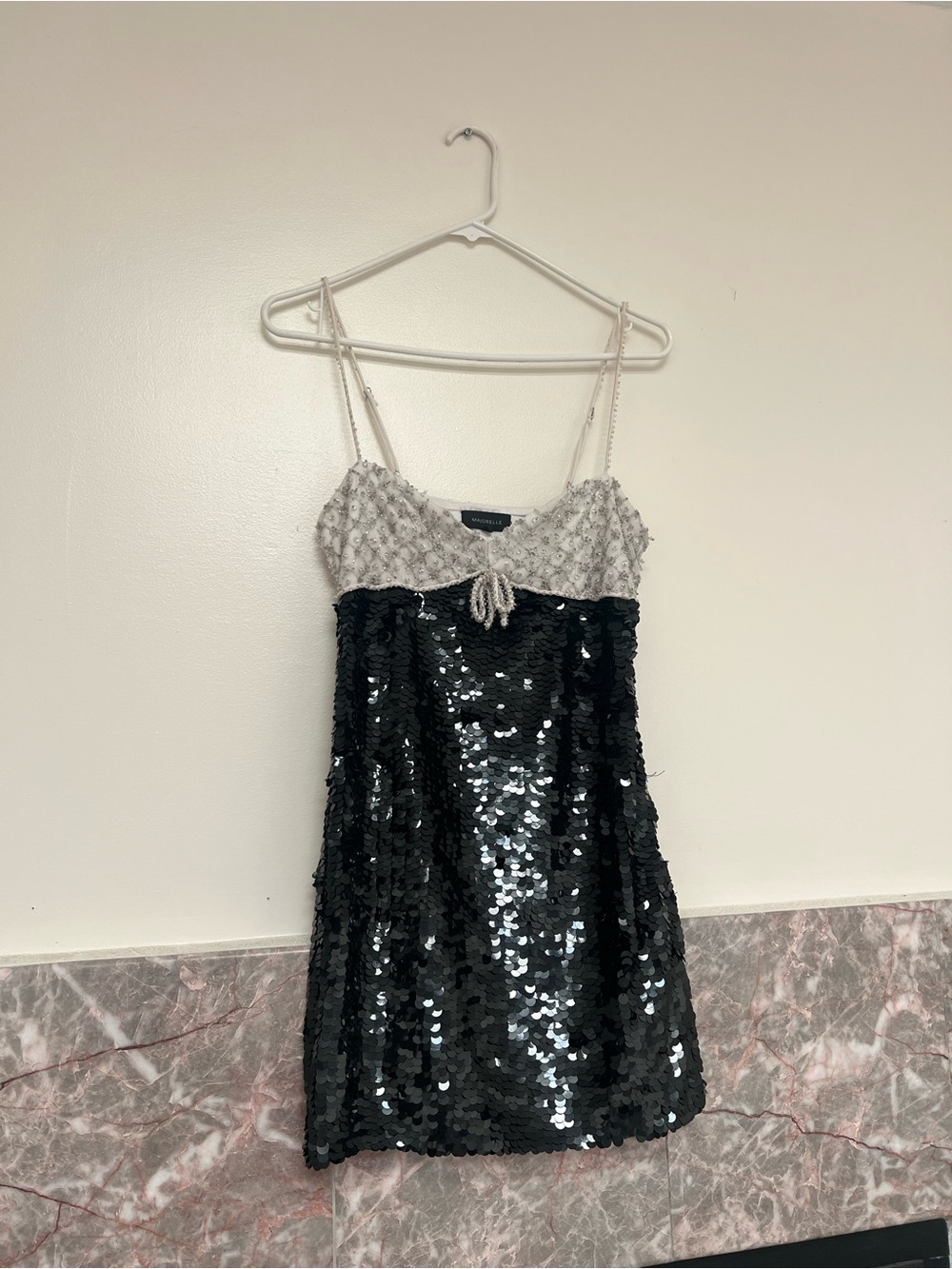 MAJORELLE Pamela White Beaded & Black Sequin Mini Dress from Revolve